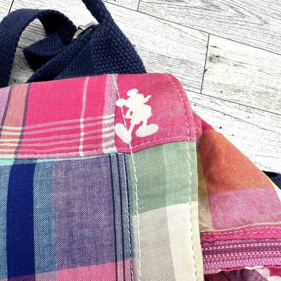 Women's Disney Parks Pink Plaid Patchwork Mickey Mouse Silhouette Mini Backpack - Picture 2 of 9